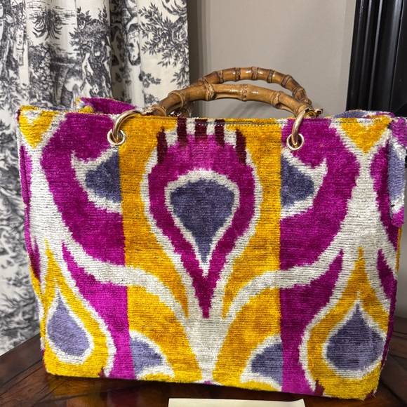 Purple and Yellow Ikat Tote with Bamboo Handles - Picture 1 of 1